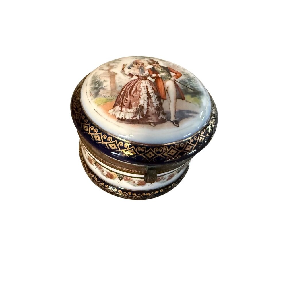 Antique Czech Porcelain Trinket Box Victorian Lovers Scene Hinged Lid Blue Gold